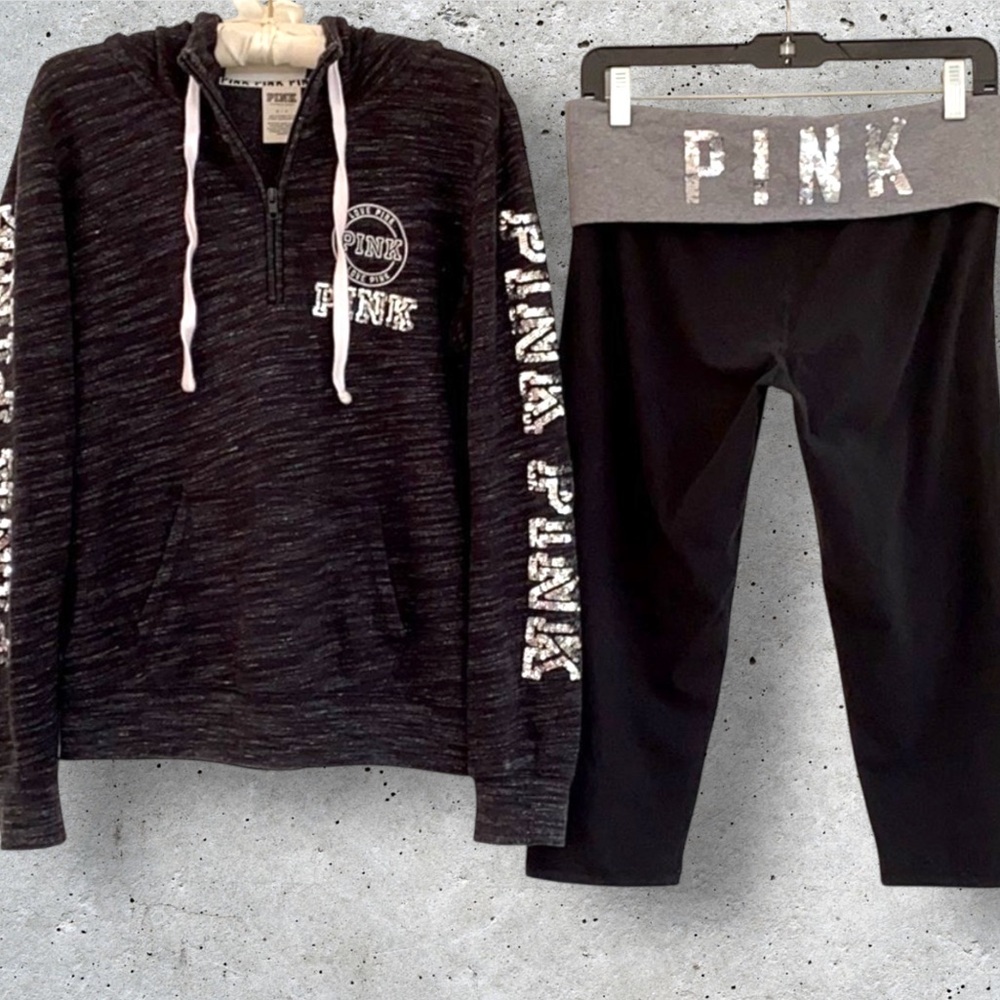 Victoria’s Secret PINK Rare Sequin Bling Full Zip Hoodie & Crops  Pants Set S/M